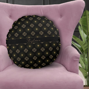 Moderne elegante Schwarz-Gold-Monogramm-Bezeichnun Rundes Kissen