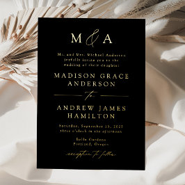 Moderne, elegante Schwarz-Gold-Monogramm-Hochzeit Folieneinladung