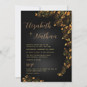 Moderne elegante Schwarz & Gold Quote Blumenhochze Einladung