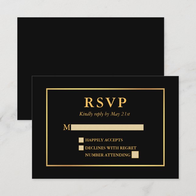 Moderne, elegante Schwarz-Gold-Rahmen RSVP Karte (Vorne/Hinten)