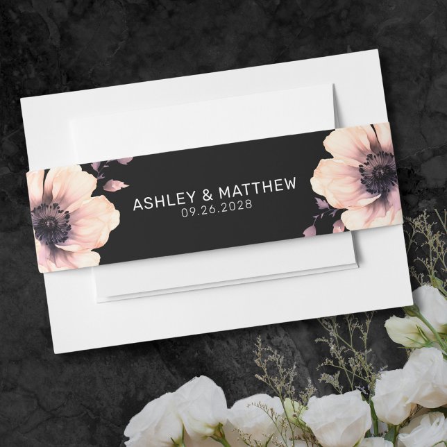 Moderne elegante Schwarz-Rosa-Blumenhochzeit Einladungsbanderole (Modern Elegant Black Pink Floral Wedding Invitation Belly Band)