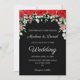 Moderne, elegante Schwarz-Rot-Blumen-Hochzeit Einladung