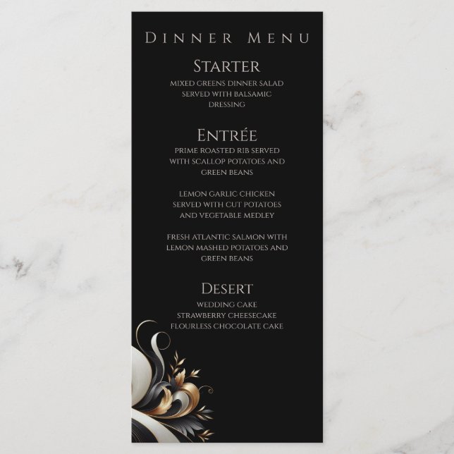 Moderne Elegante Schwarz und Gold Menükarte (Vorderseite)