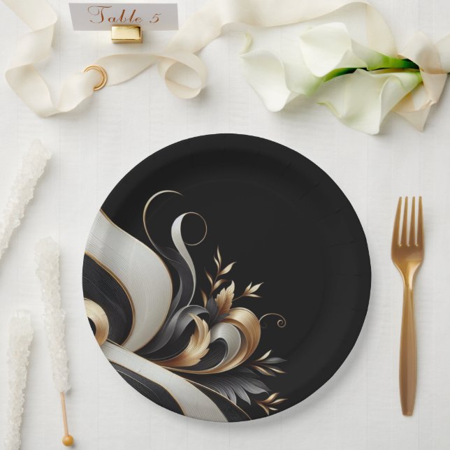 Moderne Elegante Schwarz und Gold Pappteller (Hochzeit)