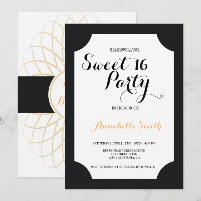 Moderne elegante Schwarz und Gold süß 16 Einladung (Vorne/Hinten)
