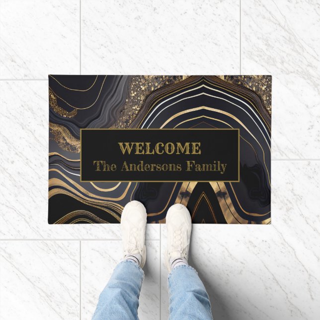 Moderne Elegante Schwarz und Gold Willkommen Fußmatte (Indoor)