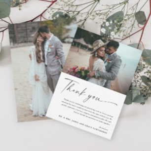 Moderne, elegante Schwarz-Weiß-2-Foto-Hochzeit Dankeskarte