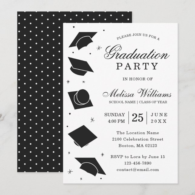 Moderne elegante Schwarz-Weiß-Graduierungspartei Einladung (Vorne/Hinten)