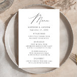 Moderne, elegante Schwarz-Weiß-Hochzeit Menükarte<br><div class="desc">Einfaches und elegantes Hochzeitsmenü mit "Menü",  das in einem modernen schwarzen Skript mit weißem Hintergrund oder Farbe Ihrer Wahl angezeigt wird. Personalisieren Sie das Hochzeitsmenü,  indem Sie Ihren Namen,  das Hochzeitsdatum und die Menüinformationen hinzufügen. Entworfen,  um mit unserer Hochzeitskollektion "Moderne Elegance" zu koordinieren.</div>