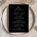 Moderne, elegante Schwarz-Weiß-Hochzeit Menükarte<br><div class="desc">Einfaches und elegantes Hochzeitsmenü mit "Menü",  das in einem modernen weißen Skript mit einem schwarzen Hintergrund oder Farbe Ihrer Wahl angezeigt wird. Personalisieren Sie das Hochzeitsmenü,  indem Sie Ihren Namen,  das Hochzeitsdatum und die Menüinformationen hinzufügen. Entworfen,  um mit unserer Hochzeitskollektion "Moderne Elegance" zu koordinieren.</div>