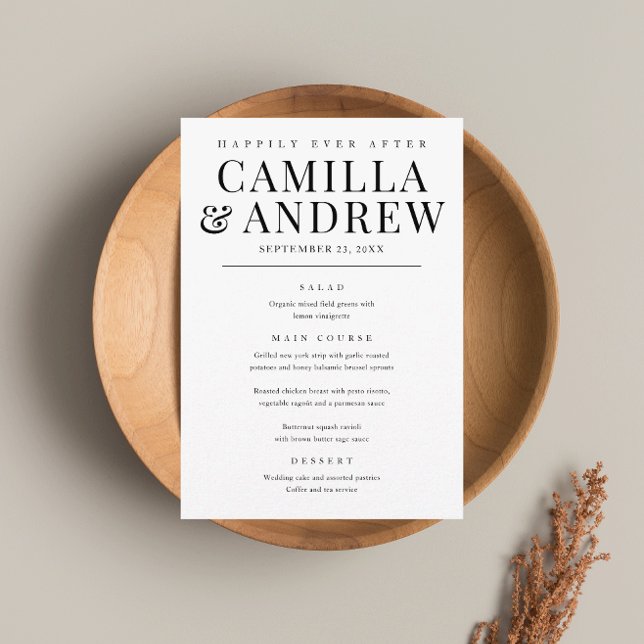 Moderne, elegante Schwarz-Weiß-Hochzeit Menükarte (Von Creator hochgeladen)