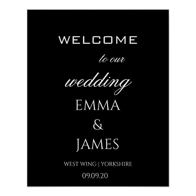 Moderne elegante Schwarz-Weiß-Hochzeit Willkommen Poster (Vorderseite)