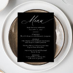 Moderne elegante Schwarz-Weiß-Kalligraphie-Hochzei Menükarte<br><div class="desc">Dieses elegante Hochzeitsmenü mit dem Wort "Menü" in graziöser weißer Kalligraphie vor schicken schwarzen Hintergrund bietet ein raffiniertes Aussehen für Ihren besonderen Tag. Personalisieren Sie es, indem Sie Ihren Namen, das Hochzeitstag und ein detailliertes Menü in fett weißer Schrift hinzufügen. Das moderne, schlichte und elegante Design eignet sich perfekt für...</div>