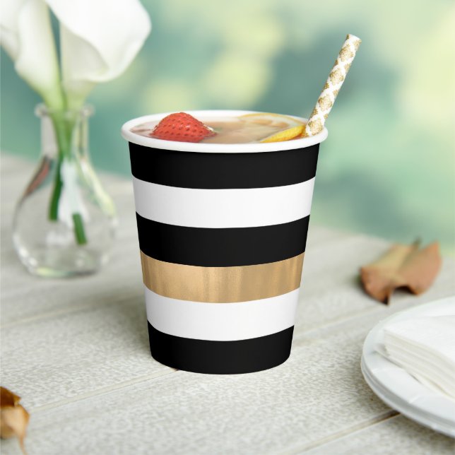 Moderne Elegante Schwarz, Weiß und Gold gestreift Pappbecher (In Situ)
