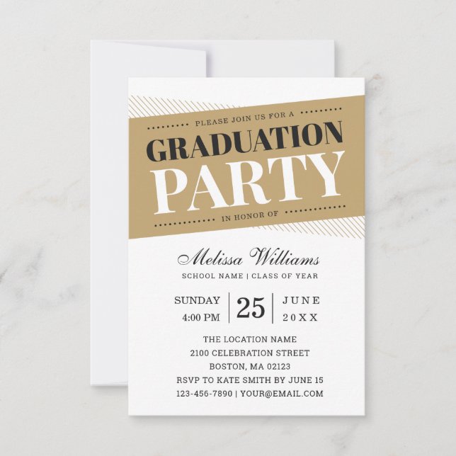 Moderne, elegante Schwarz-weiße Gold Graduation Pa Einladung (Vorderseite)