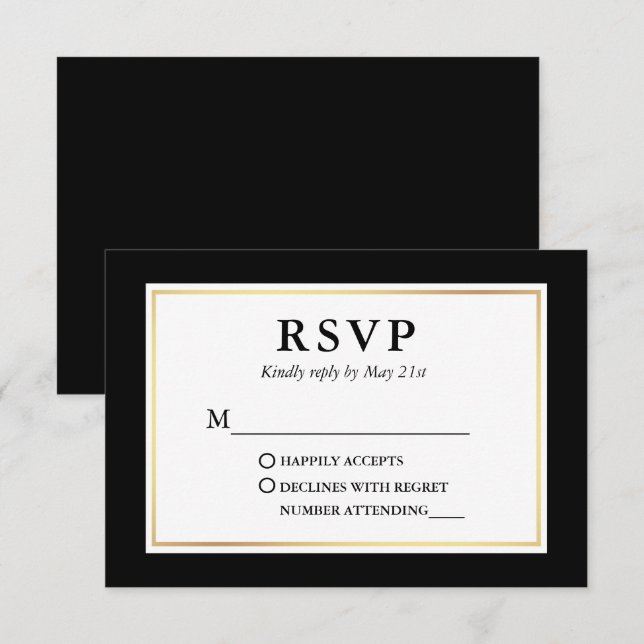 Moderne, elegante Schwarz-weiße Goldrahmen RSVP Karte (Vorne/Hinten)