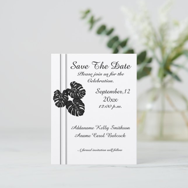 Moderne elegante, Schwarz-weiße grafische Blätter Save The Date (Stehend Vorderseite)