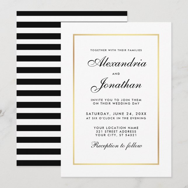 Moderne, elegante Schwarz-weiße Hochzeitseinladung Einladung (Vorne/Hinten)