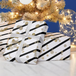 Moderne, elegante Schwarz-weiße Stripe-Gold-Punkt Geschenkpapier