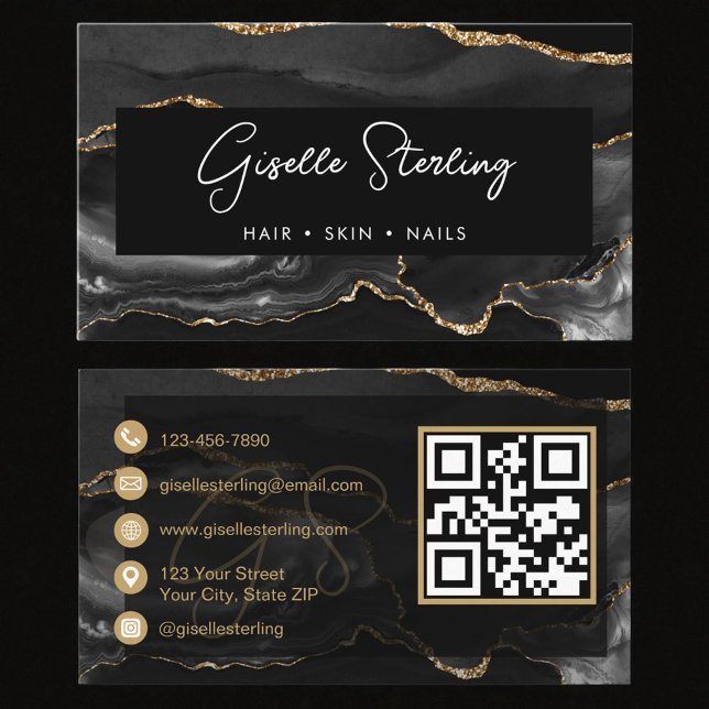 Moderne elegante schwarze Achat-QR-Code Visitenkarte (Von Creator hochgeladen)