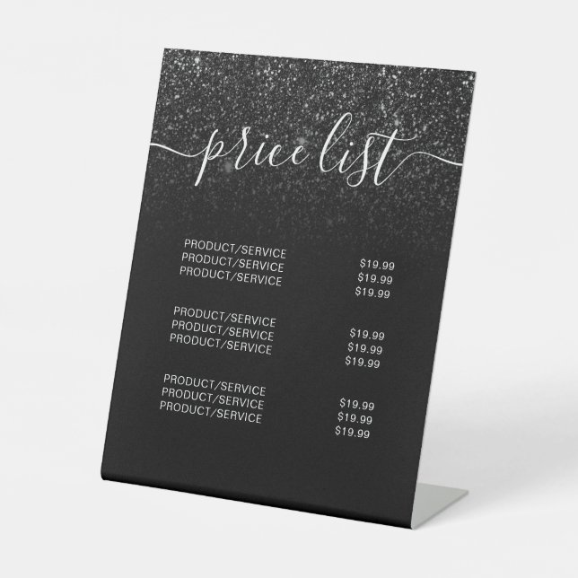 Moderne, elegante schwarze Glitzer-Preisliste Sockelschild (Vorderseite)