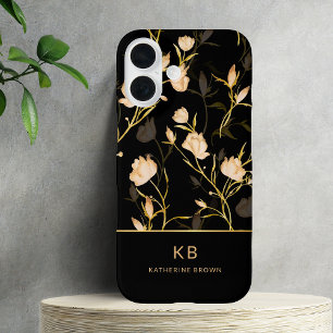 Moderne elegante schwarze Gold-Blumenmuster iPhone 16 Hülle