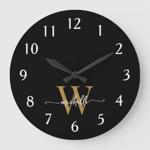 Moderne elegante schwarze Goldmonogramm-Namensschr Große Wanduhr