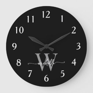 Moderne elegante schwarze graue Monogramm-Name-Sch Große Wanduhr