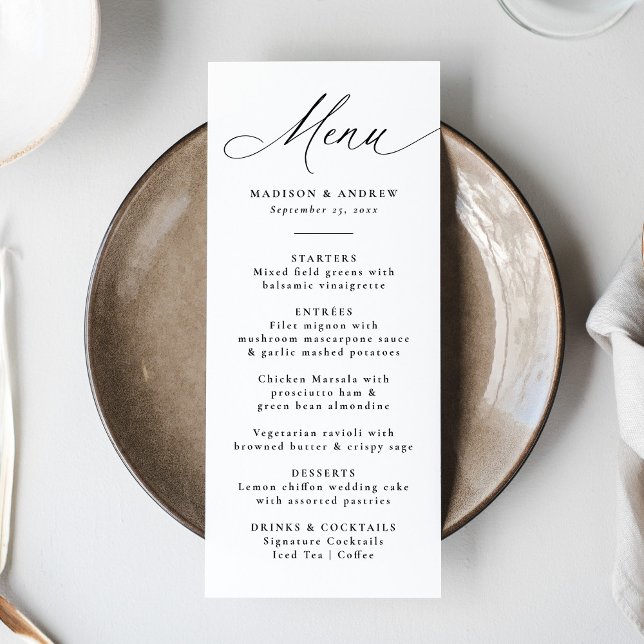 Moderne elegante Schwarze Kalligraphie Hochzeit Menükarte (Von Creator hochgeladen)