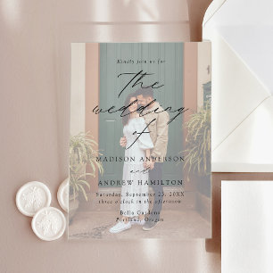 Moderne Elegante Schwarze Schrift Foto Hochzeit Acryleinladungen