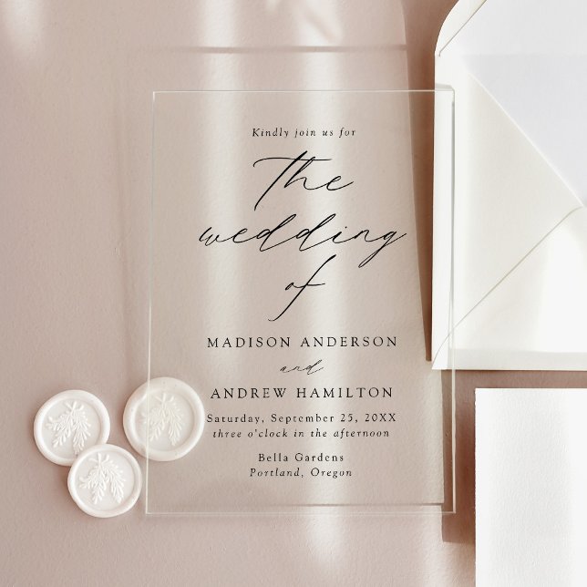 Moderne, elegante Schwarze Script-Hochzeit Acryleinladungen (Von Creator hochgeladen)