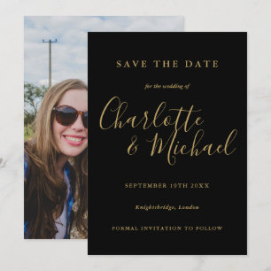 Moderne elegante schwarze und goldene Schrift Foto Save The Date