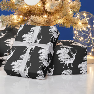 Moderne elegante schwarze weiße Hirsch-Waldlandsch Geschenkpapier