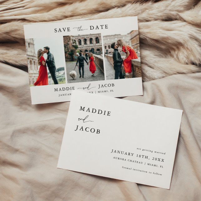 Moderne, elegante Script 3 Foto Wedding Save The Date (Von Creator hochgeladen)