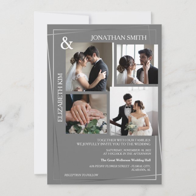 Moderne, elegante Script 5 Foto Grid Overlay Weddi Einladung (Vorderseite)