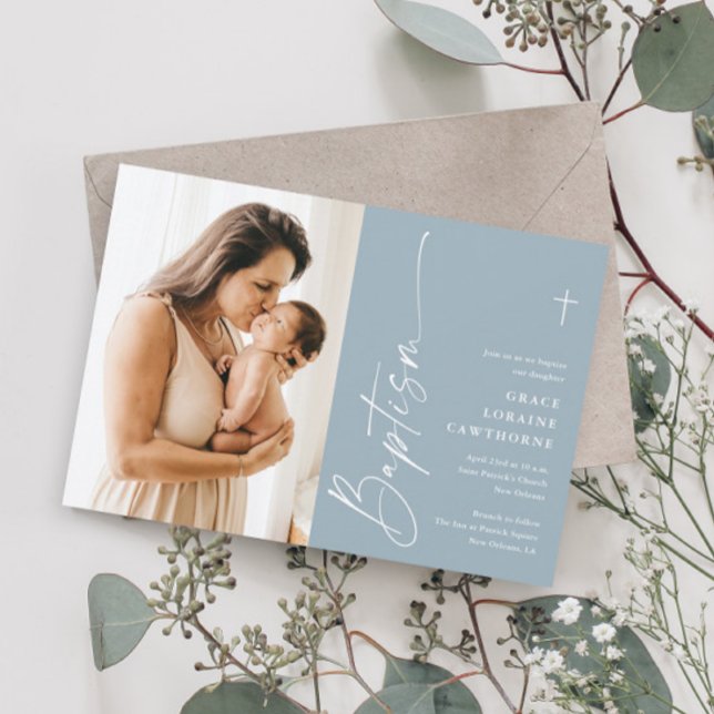 Moderne elegante Script Boys Foto Taufe Einladung (Von Creator hochgeladen)