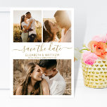 Moderne, elegante Script Foto Collage Wedding Save The Date<br><div class="desc">Elegante moderne Gold und Weiß Drehbuch 3 Foto Collage Hochzeit speichern Sie das Datum Ankündigung Karte. Chic minimalistisches Design-Template verfügt über drei (3) Paar Foto Collage und elegante kursive Hand Schrift Schrift "Save the Date" Text in Gold auf weißem Hintergrund. Wenn Sie Hilfe oder passende Artikel benötigen, kontaktieren Sie mich...</div>