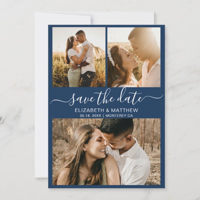 Moderne, elegante Script Foto Collage Wedding Save The Date (Vorderseite)