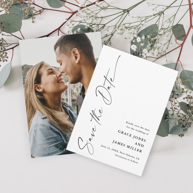 Moderne, elegante Script-Foto-Hochzeit Save The Date (Von Creator hochgeladen)