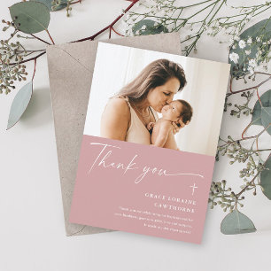 Moderne elegante Script-Foto-Taufe Danke-Karte Einladung