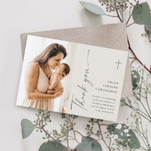 Moderne elegante Script-Foto-Taufe Danke-Karte Einladung