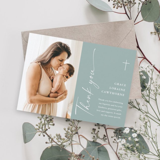 Moderne elegante Script-Foto-Taufe Dankeskarte (Von Creator hochgeladen)