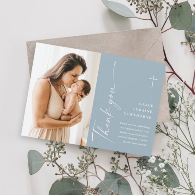 Moderne elegante Script-Foto-Taufe Dankeskarte (Von Creator hochgeladen)