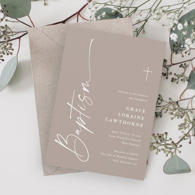 Moderne elegante Script-Gender Neutral Boho Taufe Einladung (Modern Elegant Script Boho Gender Neutral Baptism Invitations.)