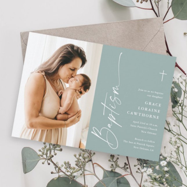 Moderne elegante Script-Gender Neutral Foto-Taufe Einladung (Modern script photo baptism invitations.)