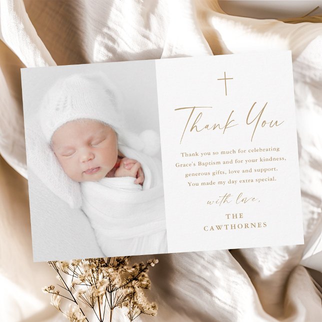 Moderne elegante Script Gold Cross Foto Taufe Dankeskarte (Modern elegant script gold  baby photo baptism thank you cad.)