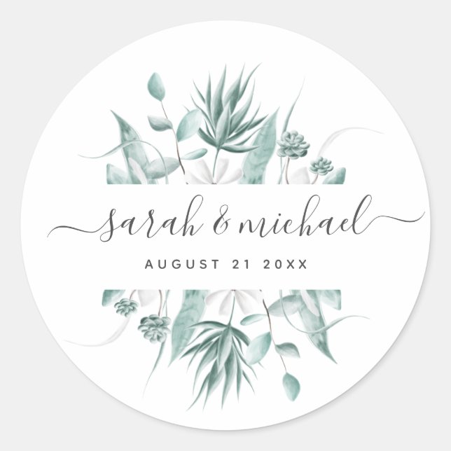Moderne, elegante Script Greenery Wedding Guest Runder Aufkleber (Vorderseite)