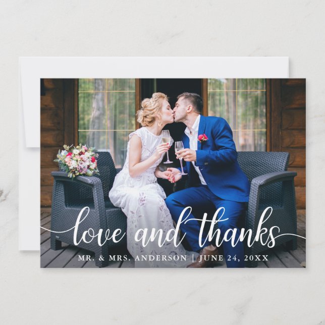 Moderne, elegante Script-Liebe dank Wedding Foto Dankeskarte (Vorderseite)