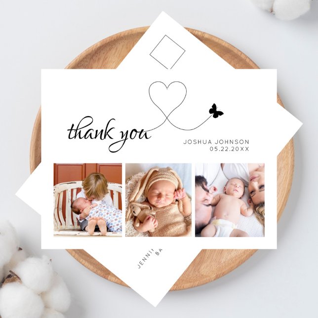 Moderne, elegante Script Minimal 3 Foto Babydusche Postkarte (elegant photo collage baby shower / new baby thank you postcard)