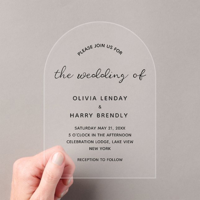 Moderne, elegante Script-Minimalistische Hochzeit Acryleinladungen (Insitu (Handheld))